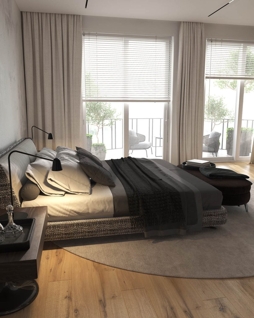 Minimalism modern interior design bedroom with panoramic windows. Contemporary bed with bedside tables and bedside bench. 3d rendering. 3d illustration.