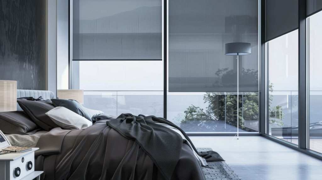 Bright modern bedroom featuring large windows with shades, soft bedding, and a cozy ambiance.