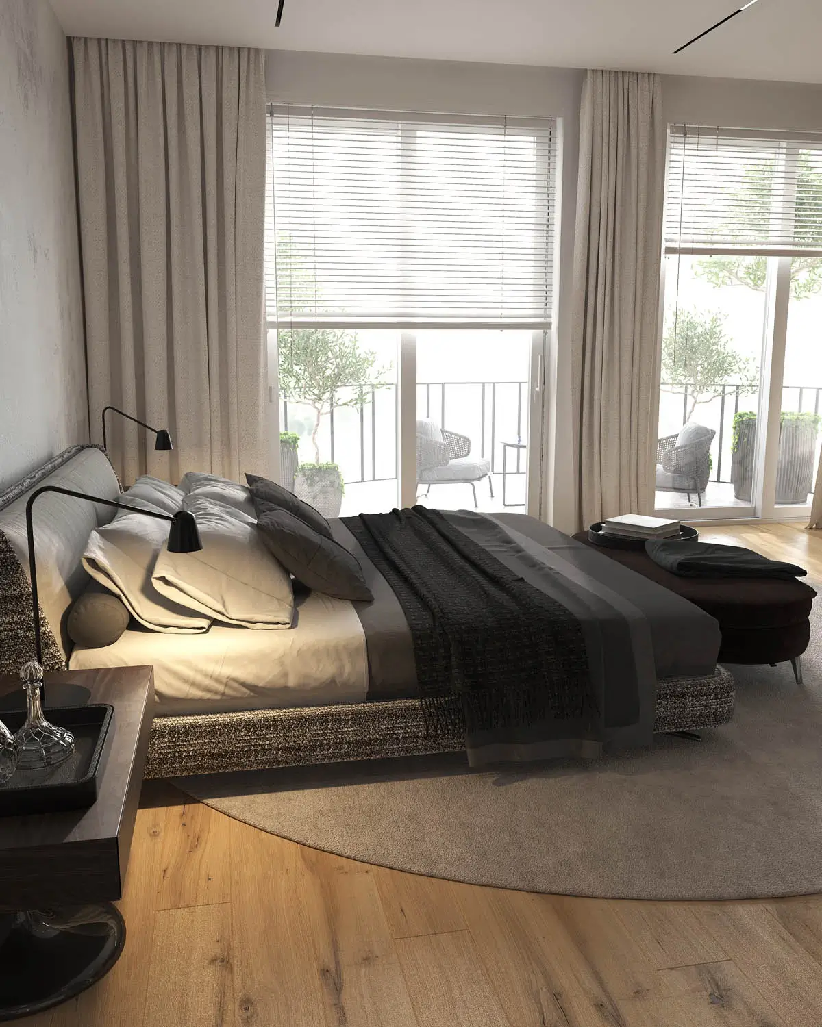 minimalism modern interior bedroom with panoramic windows with bed bedside tables bench 3d rendering 1